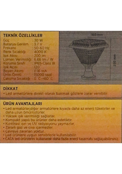 Cata CT-7315 30 W Solar Set Üstü Bahçe Armatürü