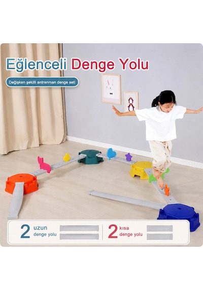 Çocuk Denge Oyunu Seti Montessori Kaydırmaz Denge Yolu Ve Platform Oyuncağı - 2 Uzun 2 Kısa Denge Yolu