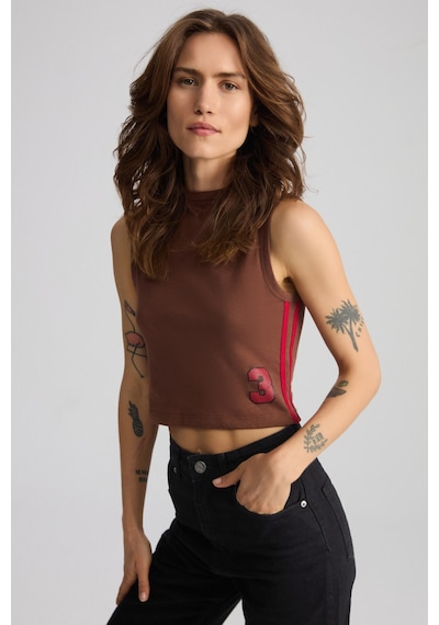 ETHIQUET YES IN Kadın Kontrast şeritli Baskılı %100 Organik Pamuk Crop Kolsuz Kahverengi T-Shirt
