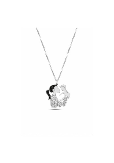 Çekirdekjewelry Anne Ve Çocuk Siluet Kolye Rodyum Renk Zirkon Taşlı Zarif Tasarım Gri