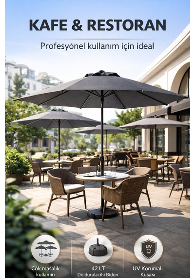 Alubrella Antrasit Renk Bahçe Şemsiyesi Yuvarlak Bidonlu, 250 Cm Çap, Su Geçirmez Kumaş Antrasit