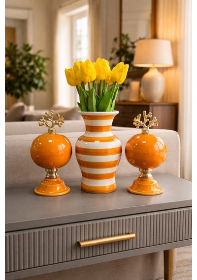 Salon Seti - Soft Sarı 2'li Küre Zebra Vazo Gold