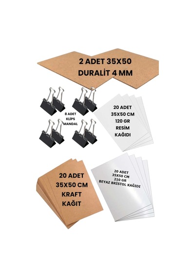 35x50 Cm Duralit Çizim Kağıtları Seti Kraft Bristol Resim Kağıdı Klips
