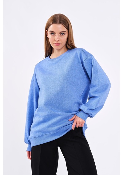 Mmetalic Mavi Kadın Pamuklu Oversize Basic Bisiklet Yaka Sweatshirt 001