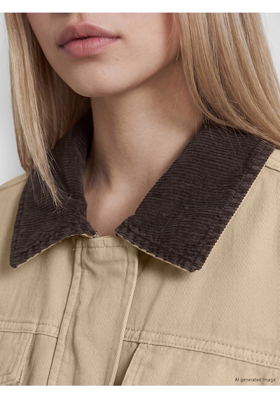 Lcw Vision Ekru Kadife Yaka Oversize Kadın Jean Ceket