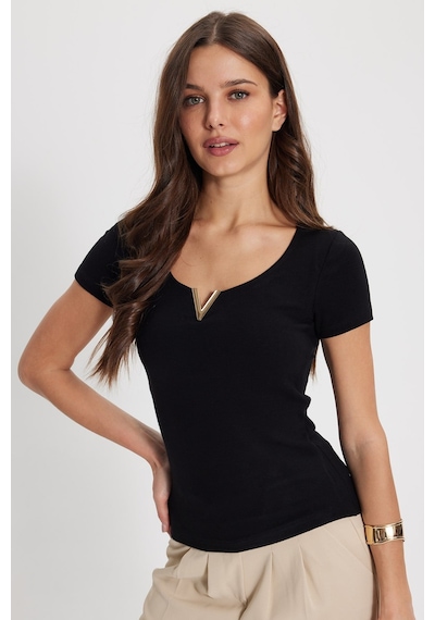 Tudors Kadın Slim Fit Dar Kesim Pamuklu V Yaka Kısa Kollu Siyah Bluz-50781