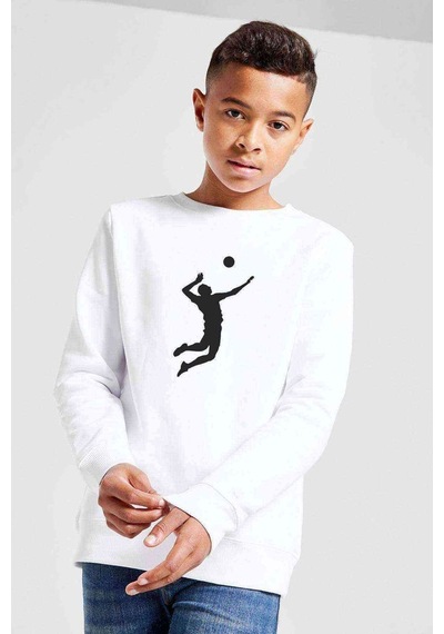 Tshirthane Silhouette Volleyball Baskılı Unisex Çocuk Beyaz Sweatshirt Beyaz