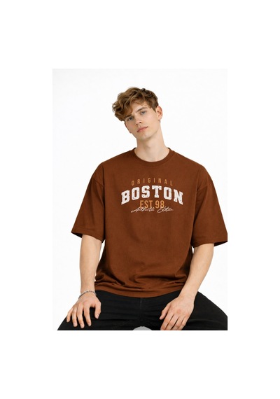 Misa Tahtakale Boston - Baskılı Oversize Tişört Kahve Çok Renkli