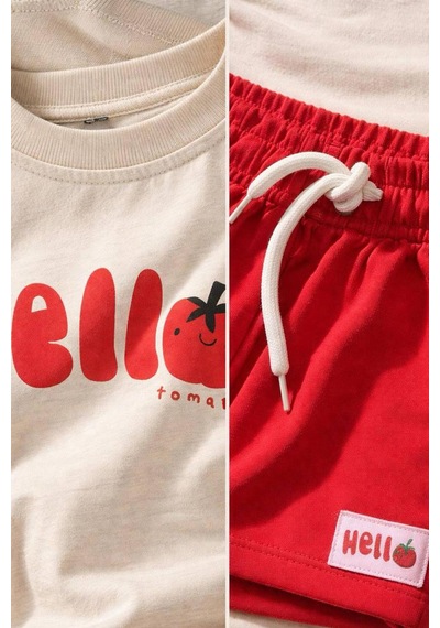 Monila Kız Çocuk Pamuklu Baskılı T-shirt Ve Kırmızı Şort 2'li Takım Ekru-kırmızı
