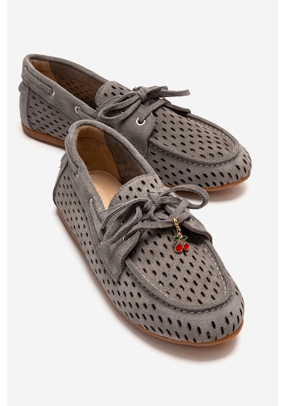 Luvishoes Stevo Gri Süet Hakiki Deri Delikli Bağcıklı Kadın Loafer Ayakkabı