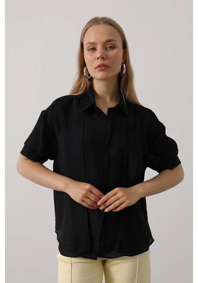 Defymoda Atkı Detaylı Yarım Kol Gömlek - Siyah Siyah