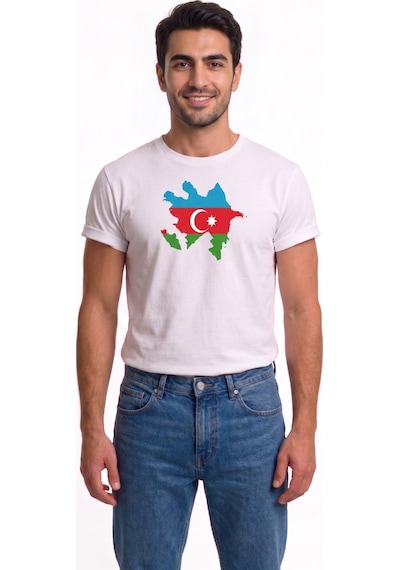 Westicgiyim Azerbaycan Bayrak Baskılı Unisex Tişört Pamuklu Bisiklet Yaka Beyaz