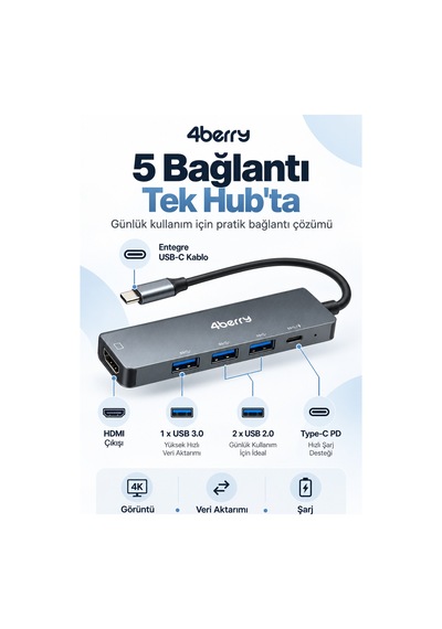 Kd5 5 İ 1 Arada Usb-c Hub 4k Hdmı, Usb Çoklayıcı Ve Pd Şarj Desteği