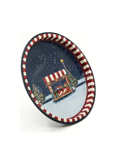 Winter Desenli Yuvarlak Metal Tepsi, 31,5 Cm