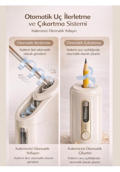 Va10 Bej Şarjlı Otomatik Elektrikli Kalemtıraş 2000mah 5 Kademe Uç Ayarlı, 6.9-12mm Jumbo Uyumlu, Type-c, Geniş Hazneli