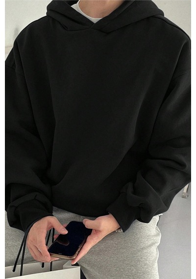 Tarz Cool Erkek Kapüşonlu Oversize Sweatshirt Siyah