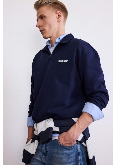Defacto Boxy Fit Dik Yaka Yarım Fermuarlı Baskılı Sweatshirt G6476ax25wnnv253 Lacivert-nv253
