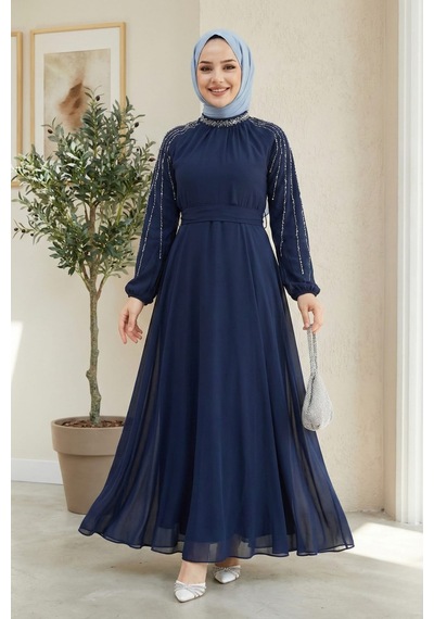 Hb Harma Time Butik Kadın Taş İşlemeli İçi Astarlı Lacivert Şifon Tesettür Elbise