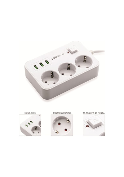 Polosmart MP08 3'lü Beyaz Akım Korumalı Priz
