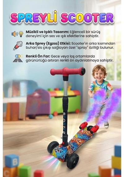 Işıklı Sesli Duman Atan 100 Kg Taşıma Kapasiteli Desenli Büyük Boy 3 Tekerlekli Çocuk Scooter Çok Renkli