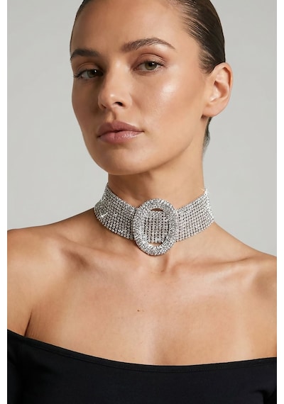 Valmont Accessories Kristal Taşlı 25+10 Cm Choker Işıltılı Şık Kadın 11 Sıra Su Yolu Tasma Kolye Gümüş