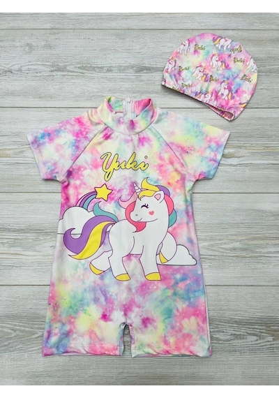 My Kids Wear Kız Çocuk Tam Vücut Sırt Fermuarlı Mayo Sevimli Desen Baskılı Boneli Takım Çok Renkli