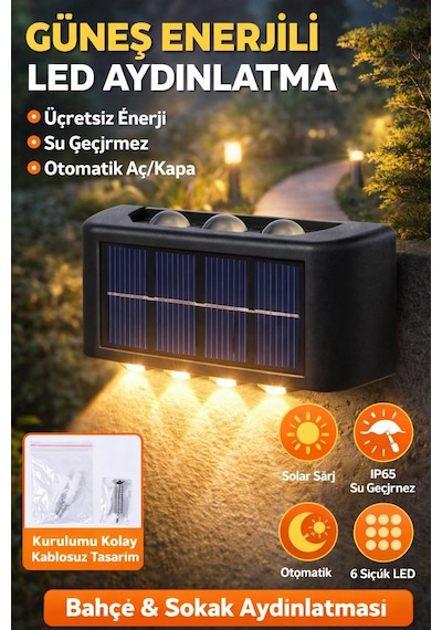 2 Adet Dekoratif Duvara Monteli Gün Işığı Solar Enerji Aplik Led 6 Ledli 3 Üstte 3 Altta Led Mevcut