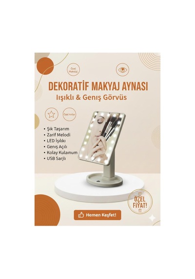 Led Işıklı Dekoratif Makyaj Aynası Geniş Açılı, Usb Şarjlı, Şık Tasarım Beyaz