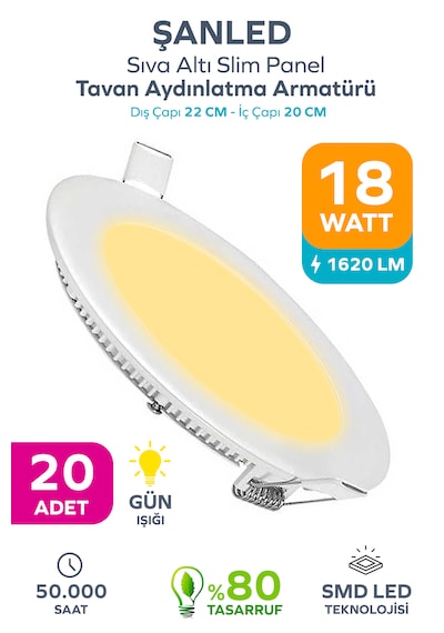 18w Tasarruflu Led Yuvarlak Gün Işığı Sıva Altı Slim Panel Tavan Aydınlatma Armatürü-20 Adettir