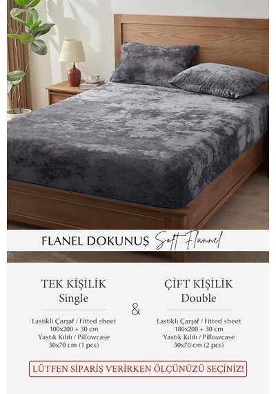 Süper Yumuşak Flanel Kadifemsi Peluş Lastikli Fitted Çarşaf Seti Kaymaz Tek/çift Kişilik Antrasit