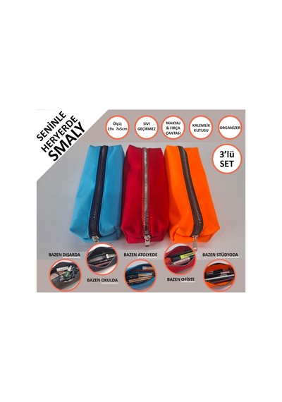 Kalemlik 3lü Set/paket Organizer Makyaj Çok Amaçlı Pinterest Okula Dönüş Çantası Tek Bölmeli Neon Turkuaz+kırmızı+neon Oranj