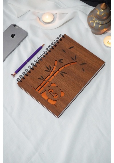 Panda Desen Ahşap Defter - Ajanda - A5 Spiralli Çizgisiz Defter Ahşap Rengi Ceviz - Hediyelik Turuncu