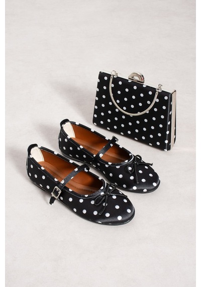 Dabab Shoes Penelop Kadın Siyah Saten Puantiyeli Fiyonk Detaylı Tokalı Mary Jane Babet Ayakkabı Ve Zincirli Çanta Seti