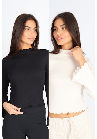 Soft&Basic Kadın Bej Balıkçı Yaka Baby Overlok Dikişli 2'li Bluz Siyah-ekru
