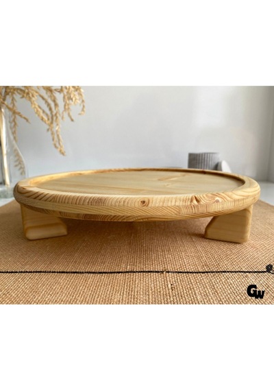 Yuvarlak Doğal Ahşap Sunum Tabağı Ayaklı Çukur Ahşap Sunumluk Beyaz Çam Çap:28cm Yük:6,5cm Ş