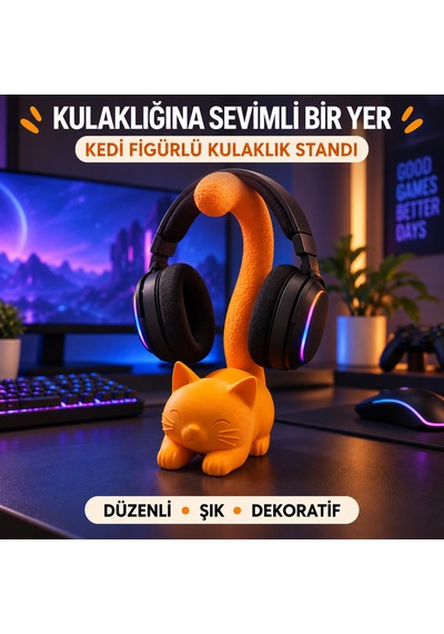 Kedi Figürlü Oyuncu Kulaklığı Askılık Dekoratif Masaüstü Aksesuarı