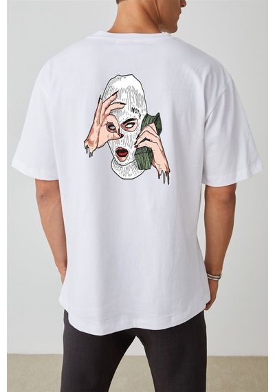 Thewert Unisex Mask Baskılı Beyaz Oversize Tshirt