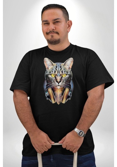 Angemiel Kulaklık Kedi Siyah Büyük Beden Erkek Kadın Unisex Basic Ön Baskılı Tişört Siyah