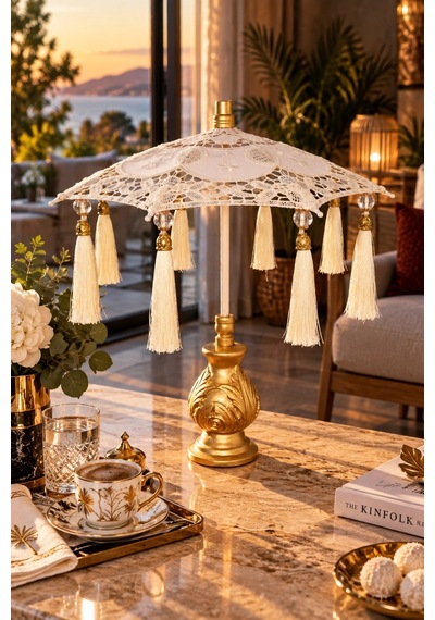 Gold Detaylı Krem Renkli Dantel Bali Sunum Şemsiyesi 34x30cm Dekoratif Şemsiye