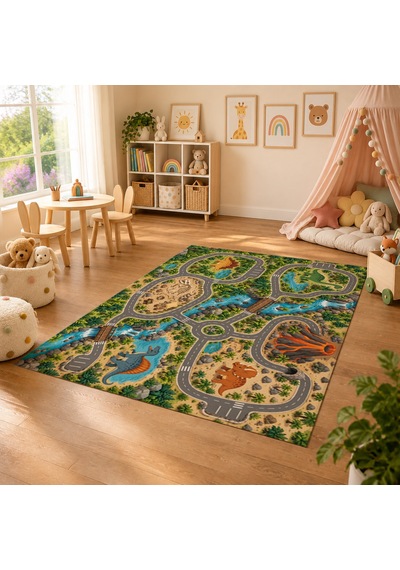 Kartela Halı Dinozor Yolları Çocuk Oyun Halısı Kaymaz Dot Taban Yıkanabilir 160 X 240 Cm