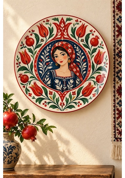 Dekoratif Duvar Tabağı Laleli Halk Masalı Dekorlu Seramik Tabak Kahverengi