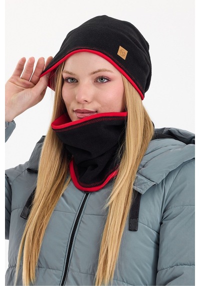 Butikgiz Kadın Dış Kısım Polar, İç Kısım Kaşkorse Pamuklu, Çift Renk, Çift Kat, Katlanabilir Bere Boyunluk Set Siyah-kırmızı