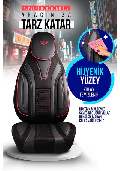 Siyah - Kırmızı Panda Tokyo Serisi Süet Ve Deri Kumaş Lüks Oto Koltuk Kılıfı - Tam Set