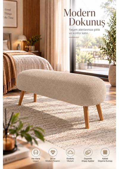 Lona Bukle Kumaş Modern Bench Puf Çok Amaçlı Yatak Ucu Ve Antre Bankı Krem