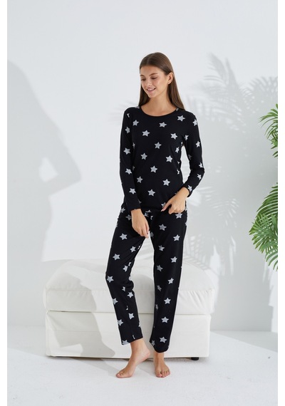 Siyah İnci Pamuklu Pijama Takımı 7681 Siyah Beyaz Yıldız