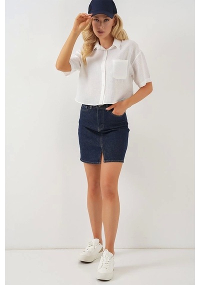 Defymoda Kısa Kol Crop Gömlek 20341 - Beyaz Beyaz