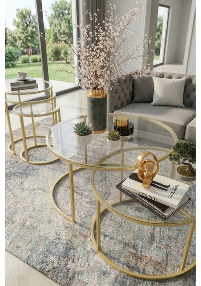 Milas Orta Ve Zigon Sehpa Seti Ø60-47 Mat Gold Metal, Temperli Şeffaf Cam Eskitme Bronz Milas Orta Ve Zigon Sehpa Seti Ø60-47 Mat Gold Metal, Temperli Şeffaf Cam Eskitme Bronz