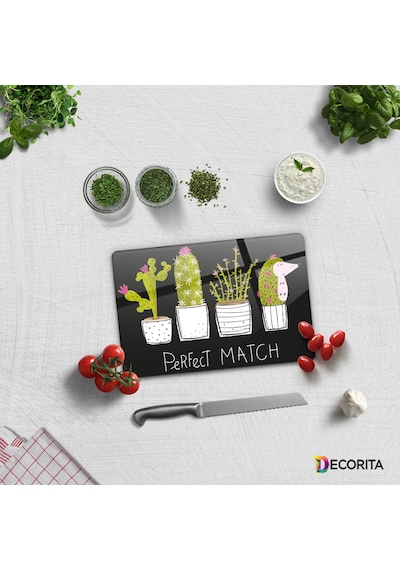 Decorita Cam Kesme Tahtası | Perfect Match-Siyah Fon|20cm x 30cm
