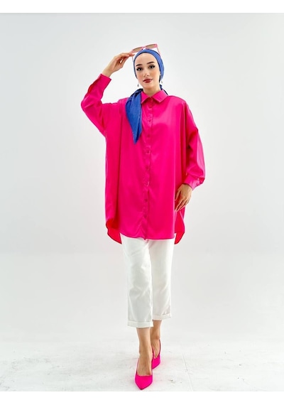 Vioshine Vıoshıne Kadın Oversize Saten Gömlek-fuşya Fuşya