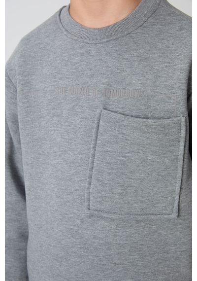Tommylife Gri Melanj Pamuklu Kalın İçi Tüylü Yumuşak Dokulu Standart Fit Baskılı Erkek Çocuk Eşofman Takım - Gri Melanj